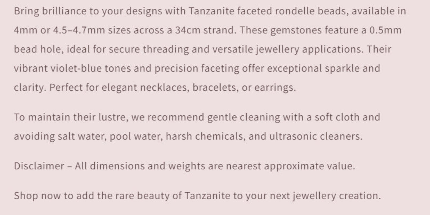 Text description of Tanzanite faceted rondelle beads with product details and care instructions.