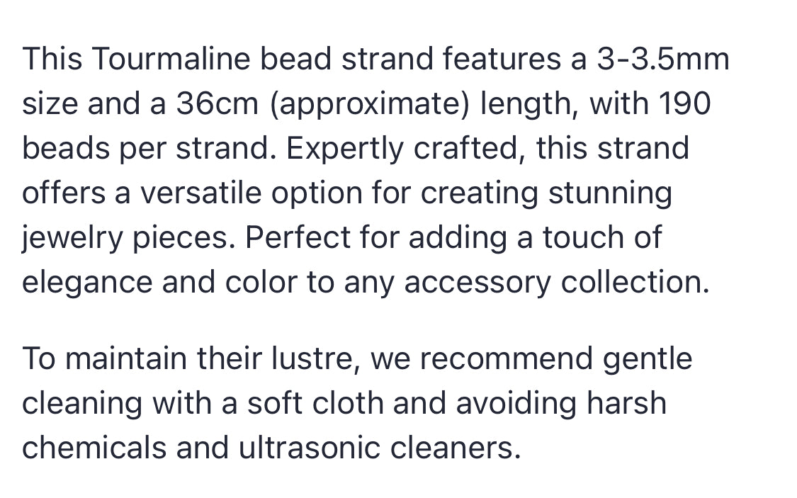 Text describing the product details of the 3-3.5mm tourmaline gemstone beads , as seen on the Australian owned Melbourne Gemstone Beads shop.