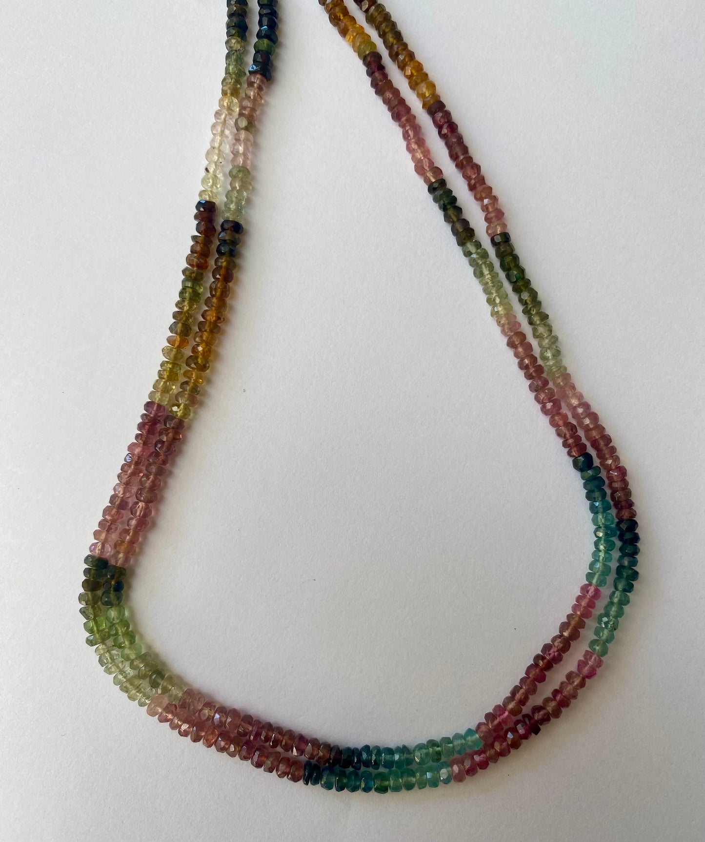 Vibrant strands of multi-coloured tourmaline beads, ranging from 3.5 to 3.9mm in size, displaying a beautiful colour spectrum.