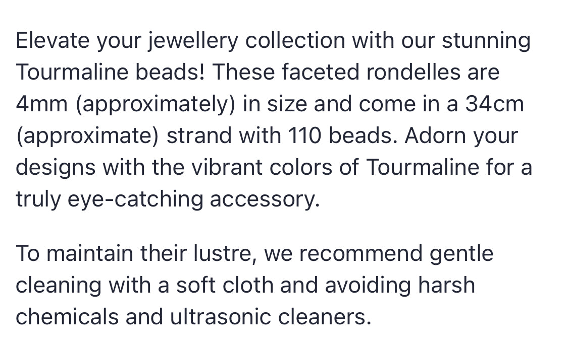 Text describing the product details of the 4mm Faceted tourmaline gemstone bead , as seen on the Australian owned Melbourne Gemstone Beads shop.