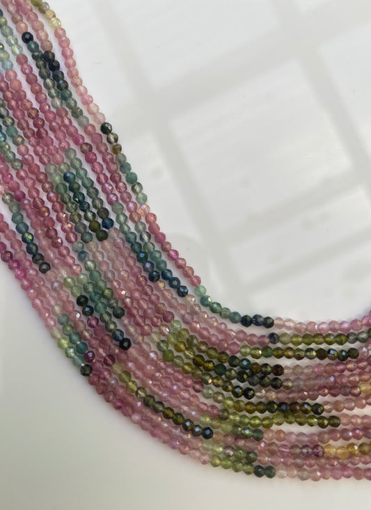 2.2mm micro-faceted tourmaline beads in various colours, showcasing a beautiful design.