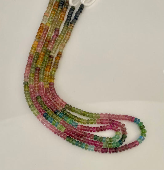 A colourful array of micro-cut watermelon tourmaline beads, measuring 3.4-3.8mm, displaying a beautiful blend of hues