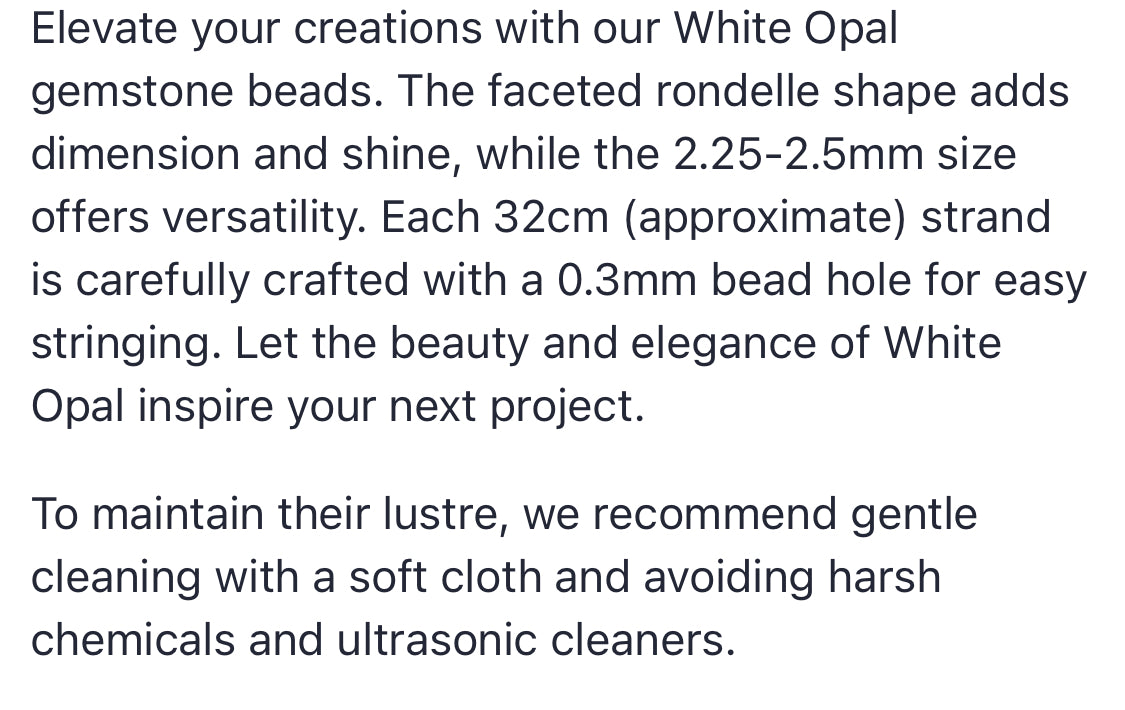 Text describing the product details of the opal 2.25-2.5mm gemstone semi-precious beads , as seen on the Australian owned Melbourne Gemstone Beads shop.