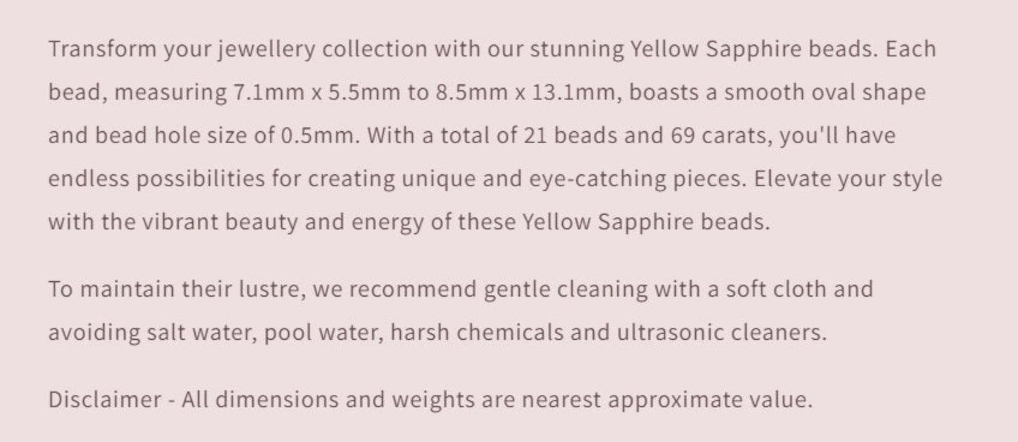 Text description of yellow sapphire beads with product details on a light pink background