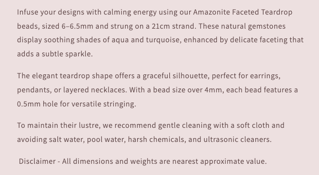 Text description of Amazonite Faceted Teardrop beads with product details and care instructions.