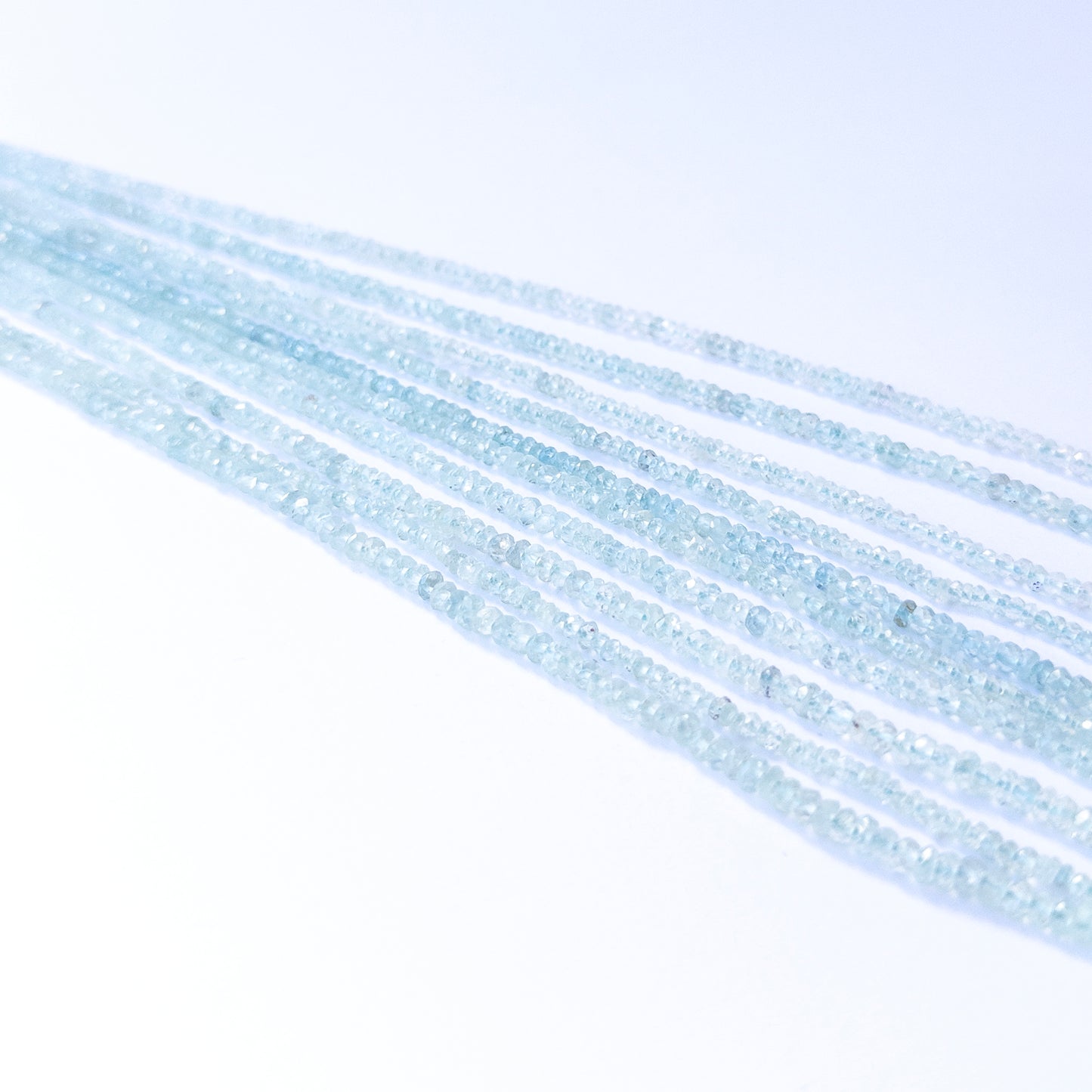 Aquamarine faceted rondelle beads in 2.9–3.7mm, showing soft blue tones for genuine gemstone beads and handmade jewellery components.