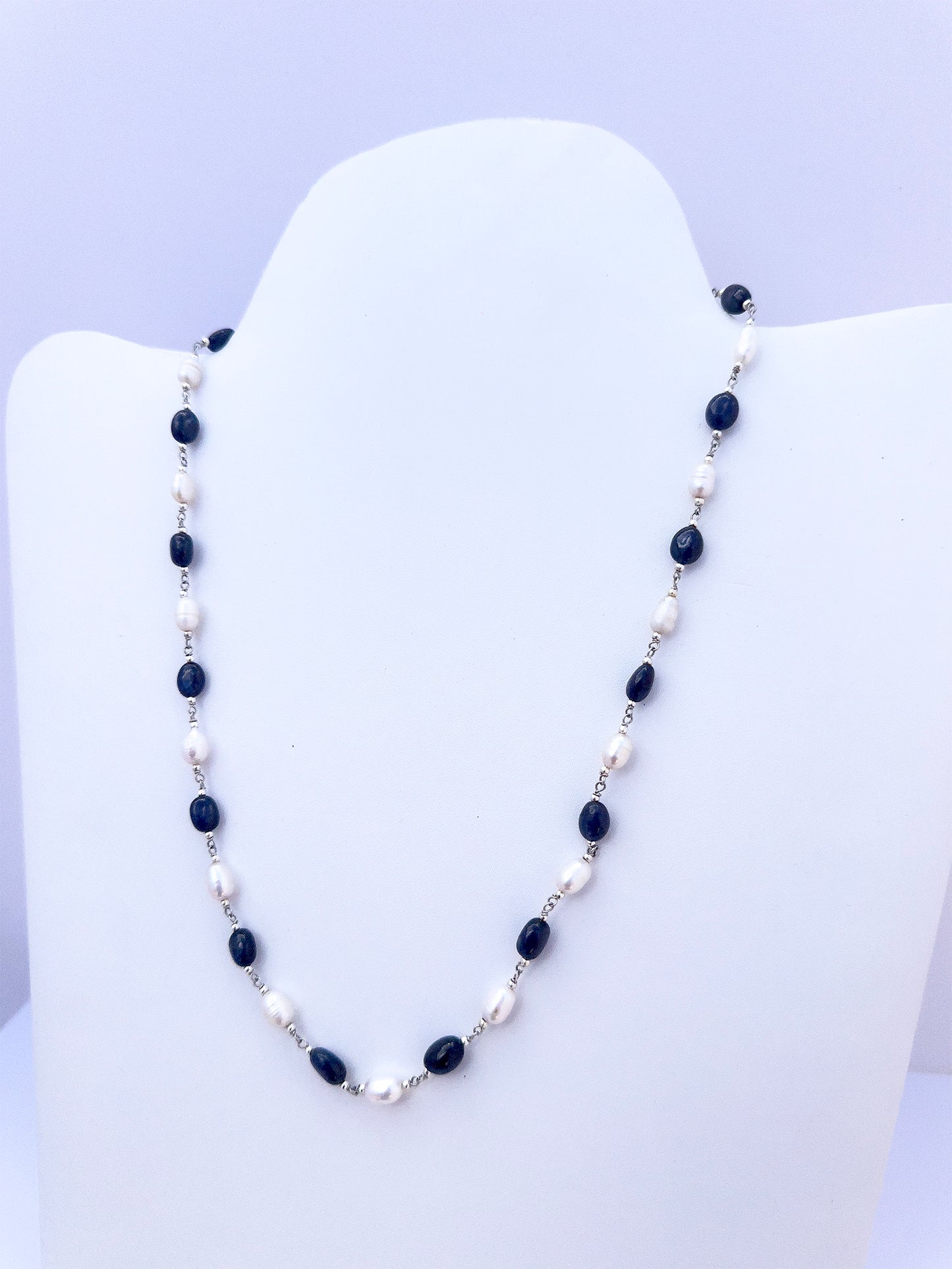 Natural gemstone beads in a Blue Sapphire and Pearls necklace with 47cm strand and balanced colour contrast.
