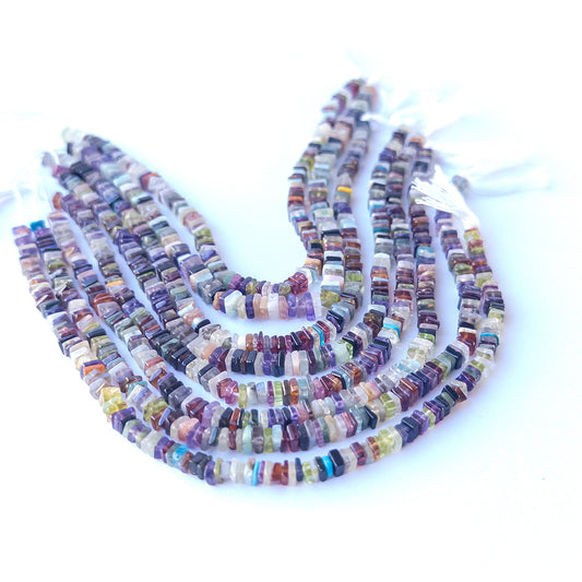 Natural Disco square heishi stone beads showing mixed 4–5mm sizes for DIY jewellery and authentic gemstone designs.