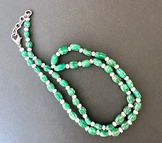 Elegant stone beads necklace, 57cm length with 2cm extension and lobster clasp, crafted from natural gemstone beads.