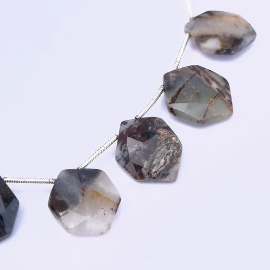 Close‑up of polished Jasper stone beads highlighting faceted hexagon cuts and earthy tones.