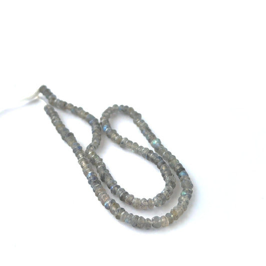 Labradorite faceted rondelles arranged neatly, highlighting their sparkle and handmade jewellery component quality.