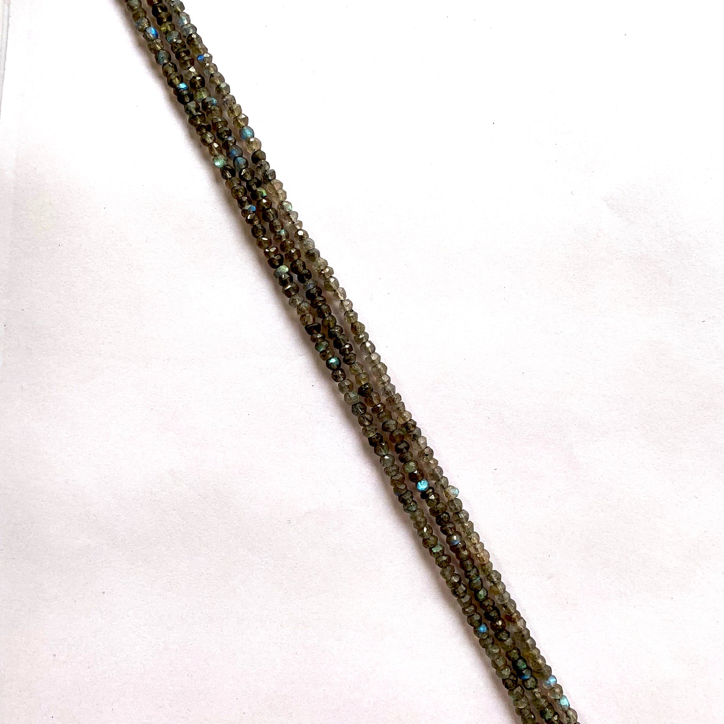 Labradorite faceted rondelle beads, 3.7–4.0mm in size, radiating blue and green hues on a 32cm strand.
