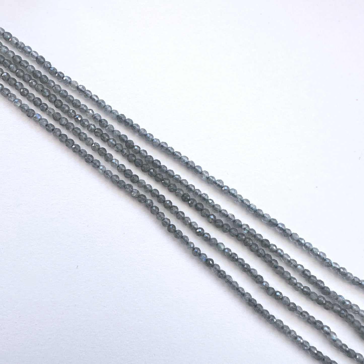 Labradorite stone beads with consistent faceted rondelle cut and premium clarity.