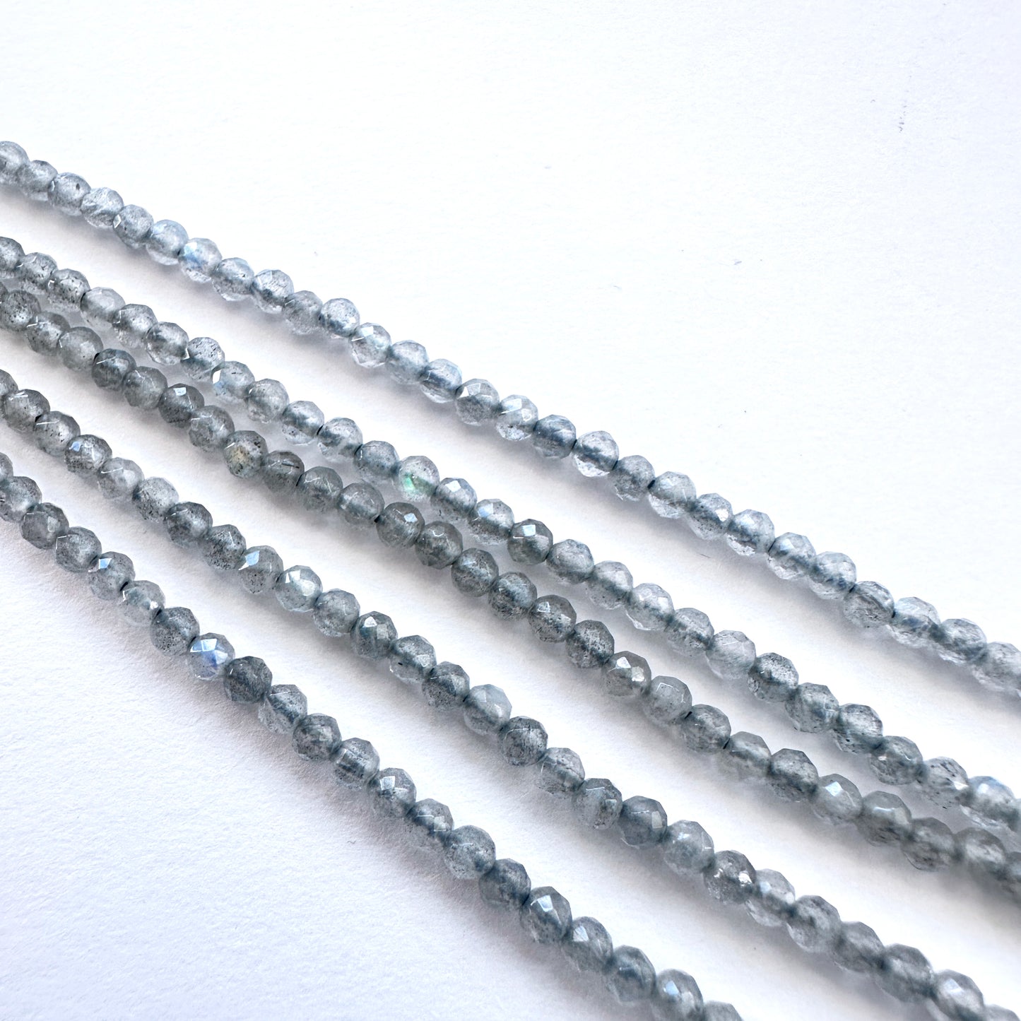 Handmade jewellery components featuring 3mm Labradorite stone beads with iridescent hues.