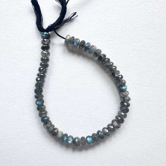Stone beads with faceted Labradorite arranged neatly, ideal for handmade jewellery components.