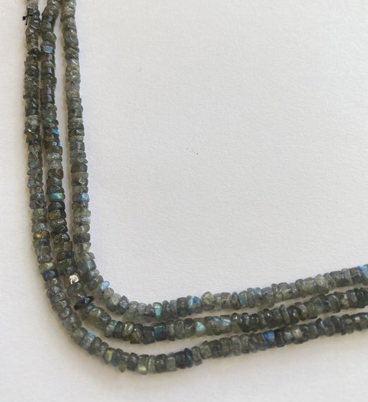 Close-up of 4.5-5mm Labradorite beads showcasing their polished finish and natural iridescence.