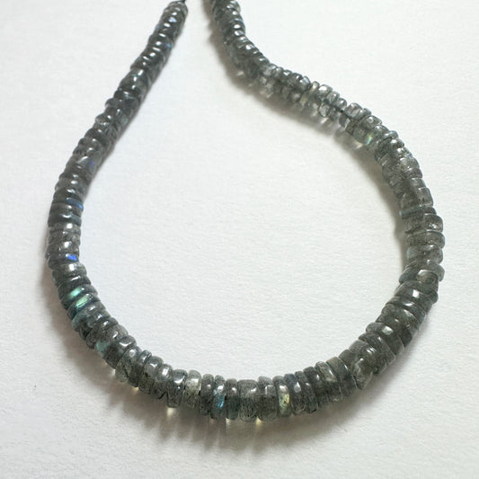Natural gemstone beads for DIY jewellery featuring 5.1-5.4mm Labradorite wheels with polished finish and iridescent tones.