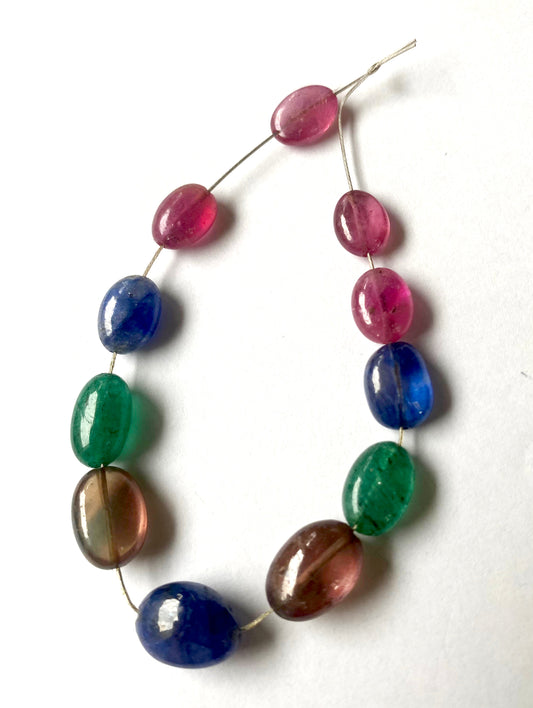 Multi Stone | Smooth Oval Beads | Ruby | Blue Sapphire | Emerald | 7-9mm Bead Size | 11 Pieces | 59 Carats