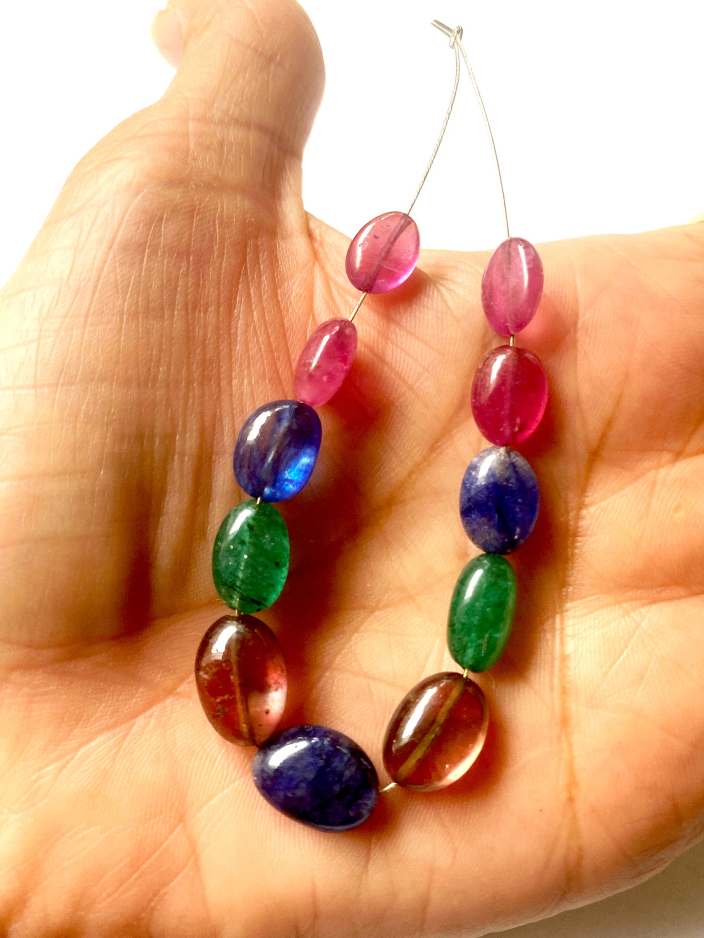 Multi Stone | Smooth Oval Beads | Ruby | Blue Sapphire | Emerald | 7-9mm Bead Size | 11 Pieces | 59 Carats