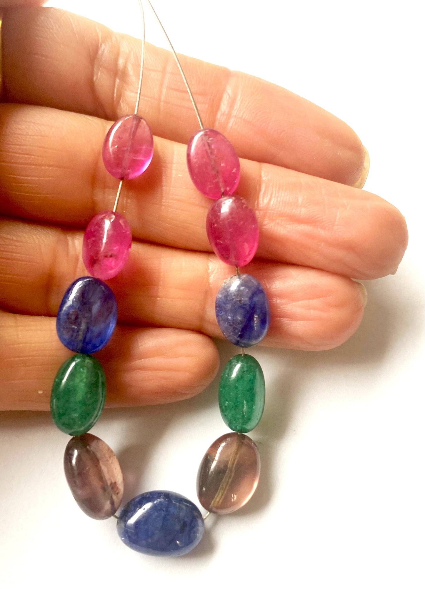 Multi Stone | Smooth Oval Beads | Ruby | Blue Sapphire | Emerald | 7-9mm Bead Size | 11 Pieces | 59 Carats