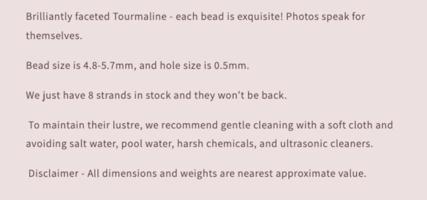 Text description of tourmaline beads with product details.