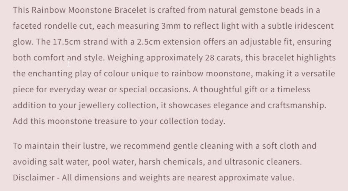 Product description of a Rainbow Moonstone Bracelet with text details on material, size, and care instructions.