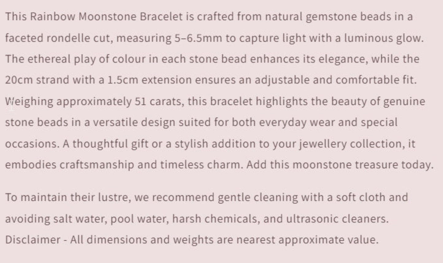 Rainbow Moonstone Bracelet | Faceted Rondelle | 5-6.5mm Bead Size | 20cm Length | Adjustable | 51 Carats