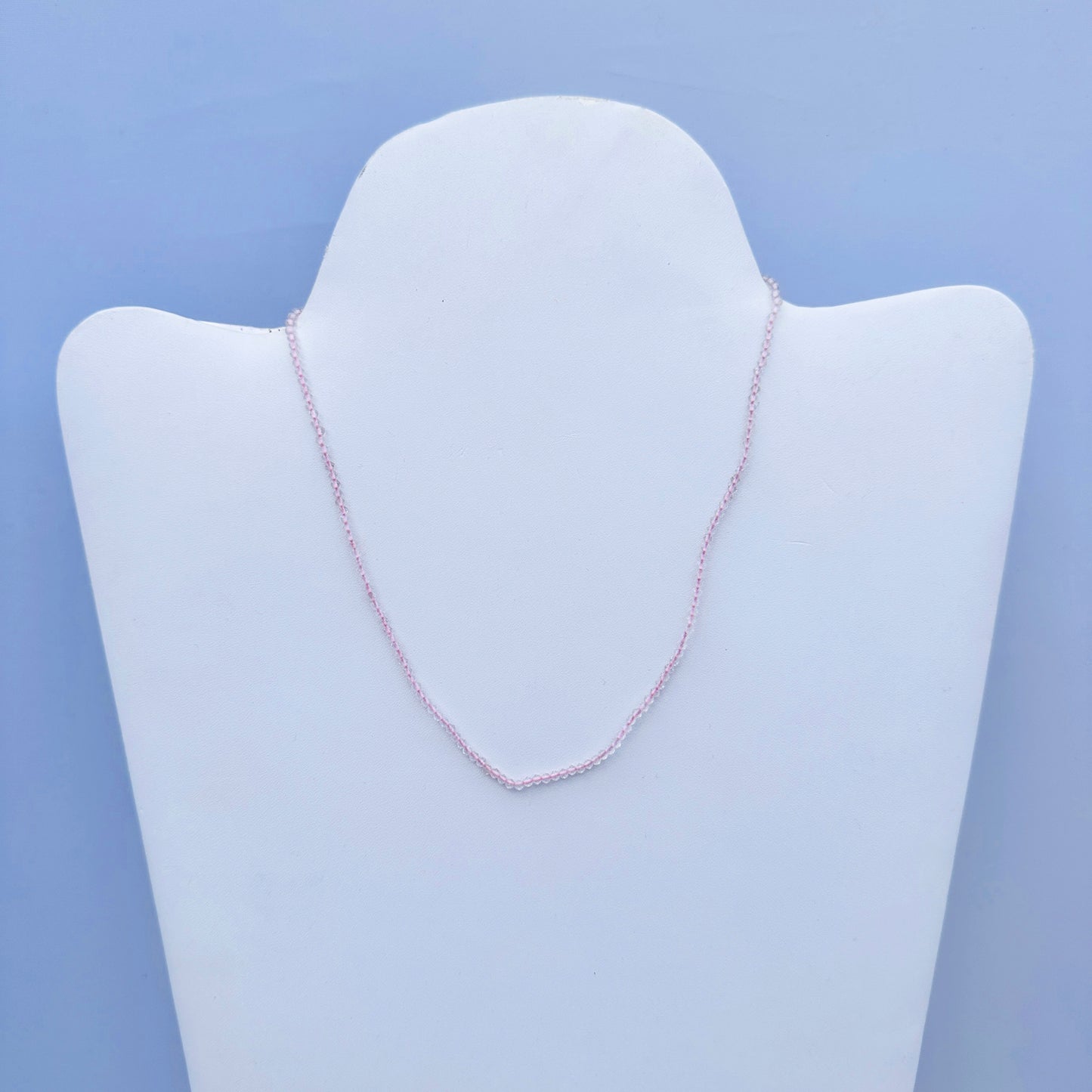 Handcrafted Rose Quartz necklace with lobster clasp and subtle shimmer.