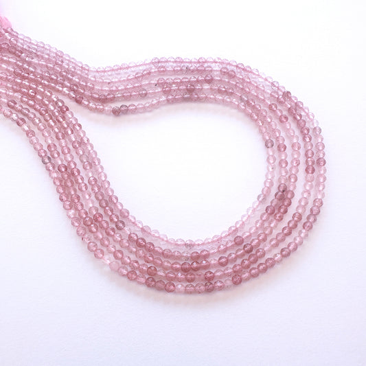 Natural gemstone beads for DIY jewellery featuring 3.2mm Strawberry Quartz rondelles with polished finish and delicate sparkle.