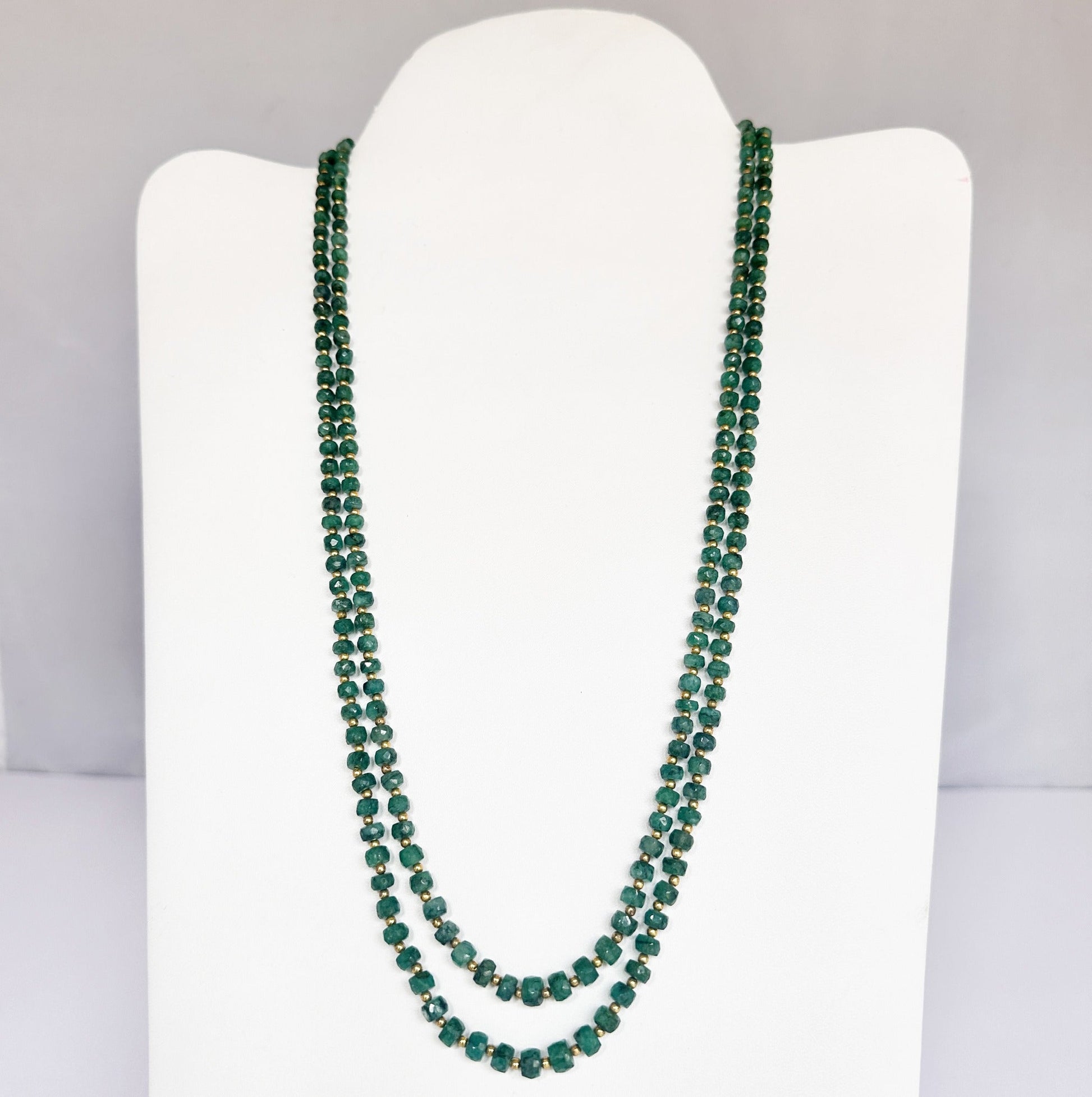 Beryl emerald necklace with faceted rondell natural gemstone beads, 2 strands, 4.3–5.5mm size, polished shine.