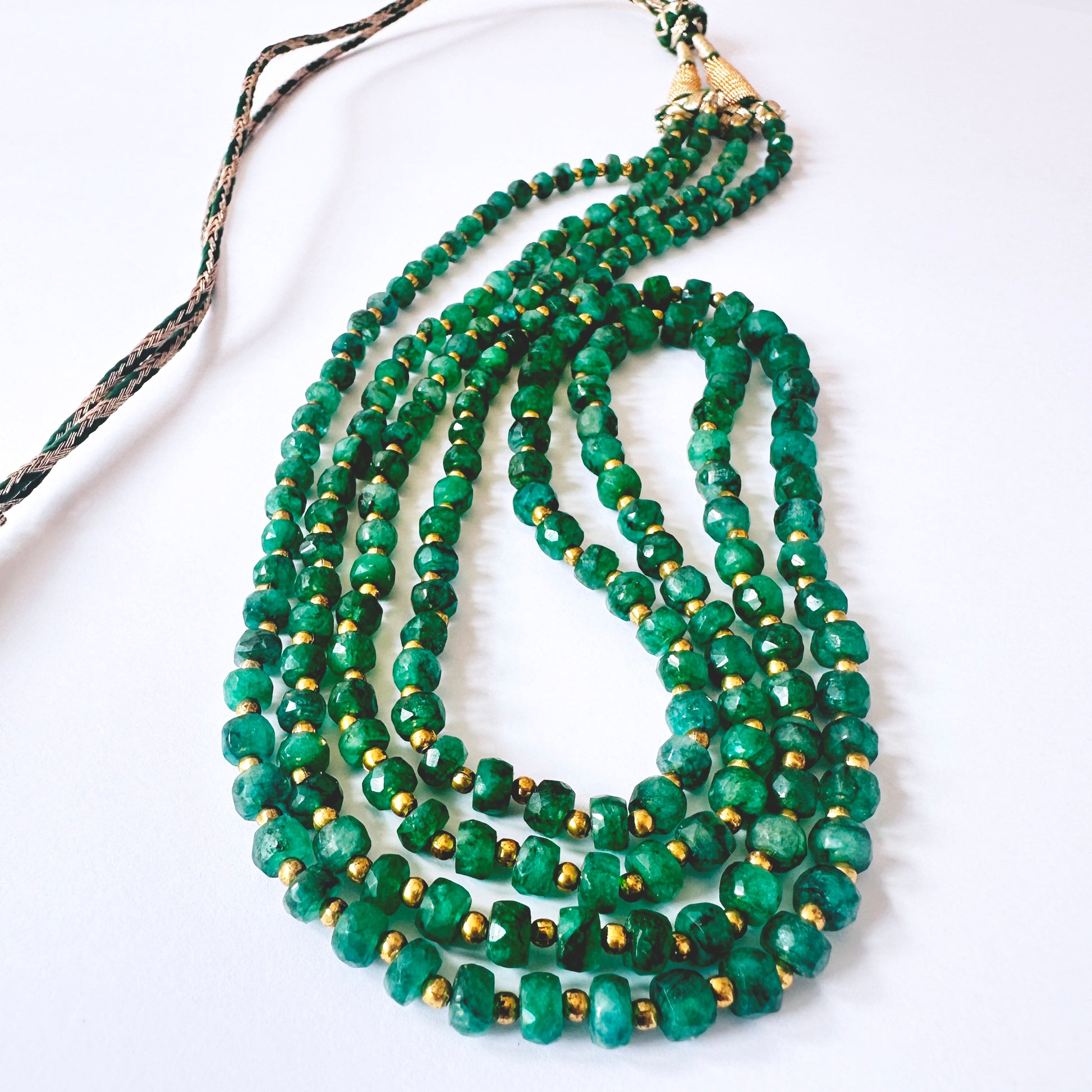 Emerald stone beads necklace, faceted rondell 4.3–5.5mm, arranged in a double strand for refined style.