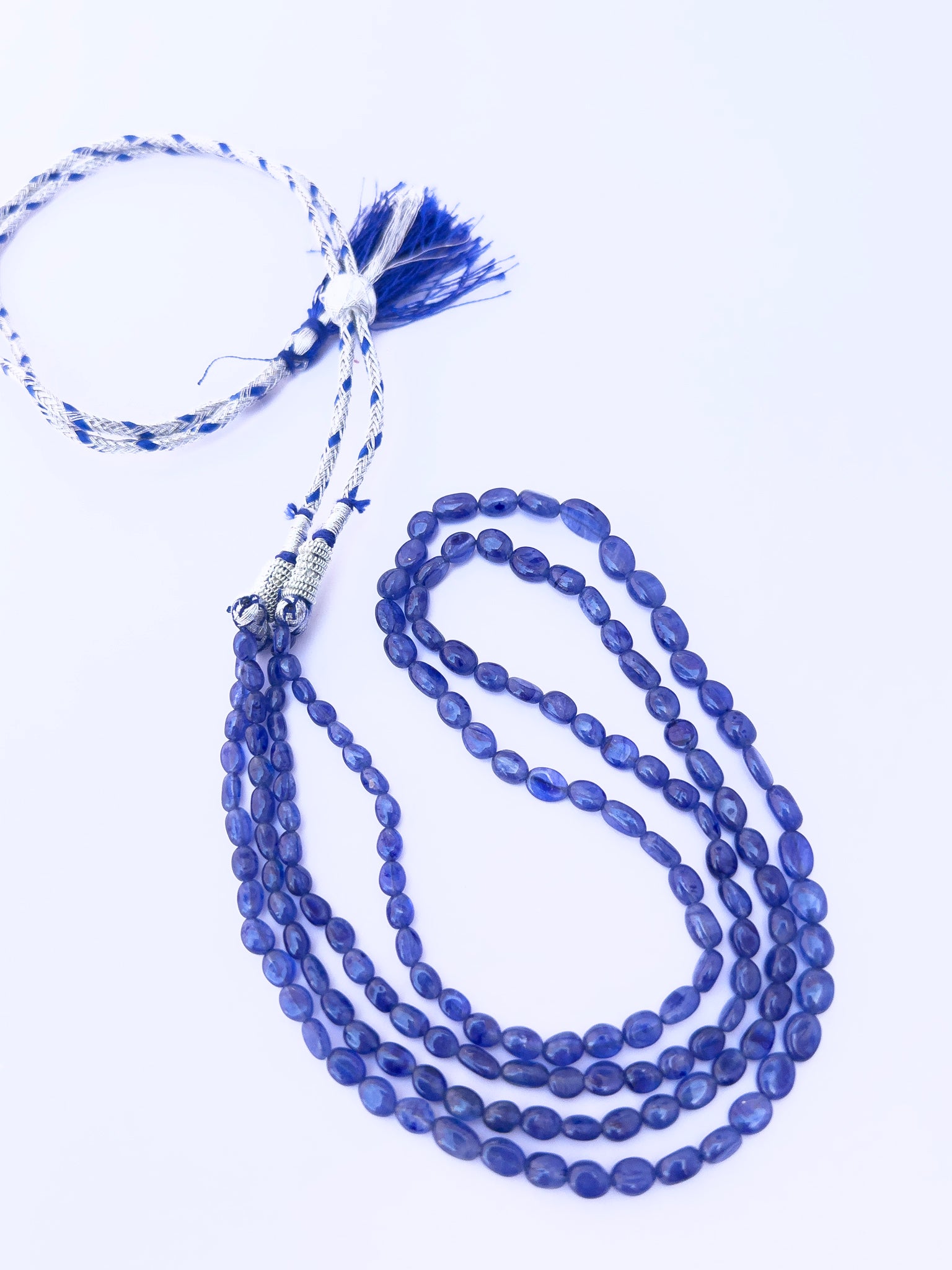 Blue Sapphire stone beads necklace, rich midnight-blue tones, smooth oval design, 48–51cm adjustable length.