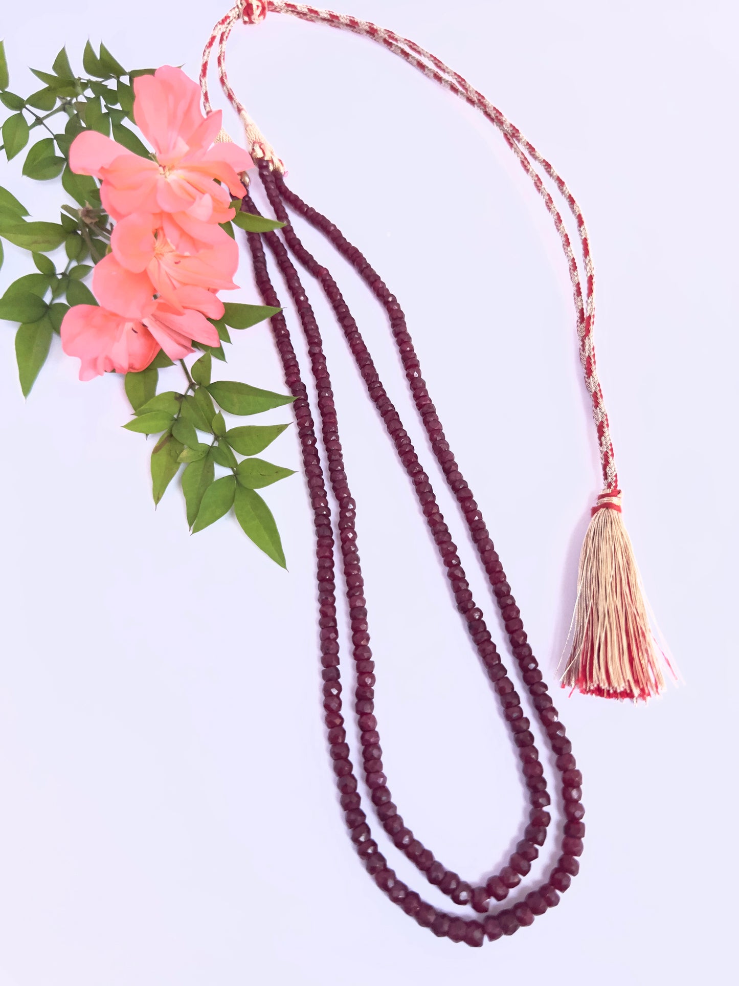 Elegant Ruby gemstone necklace, two strands of faceted rondelle beads, 206 carats of brilliance.