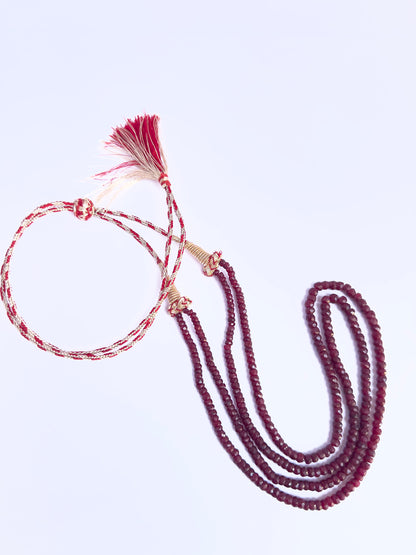 Ruby stone beads necklace, vibrant dyed colour, faceted rondelle design, 40–42cm strand length.