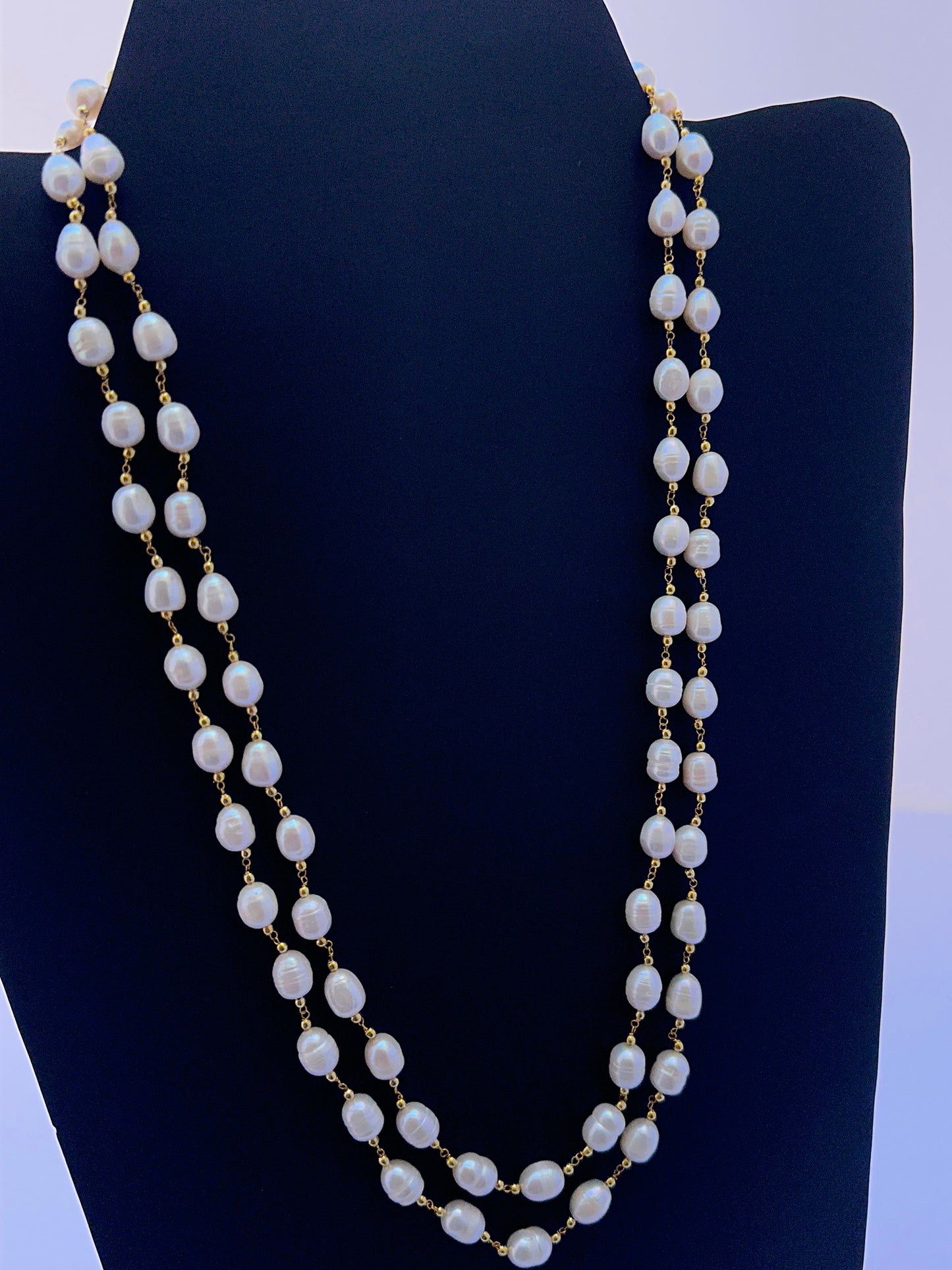 2 Strand Freshwater Pearl Necklace | Oval Textured | 7.5-8mm Bead Size | 51-52cm Length | Adjustable | 304 Carats