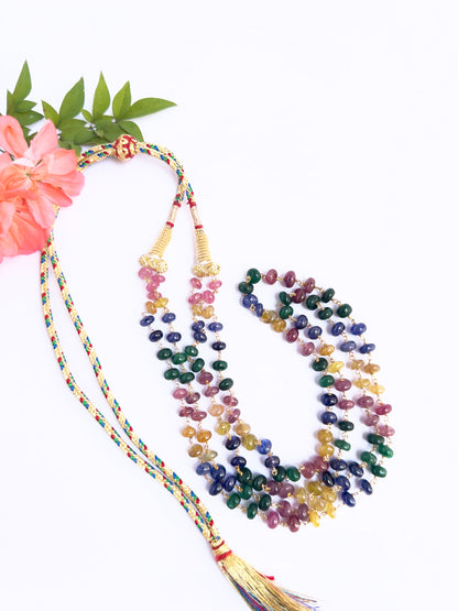 Multi precious necklace showcasing natural gemstone beads, smooth rondelle cut, colourful fashion appeal.