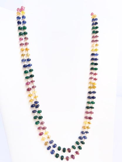 Multi precious stone beads necklace, vibrant mix of Ruby, Sapphire, Emerald, smooth rondelle design, 50–52cm length.