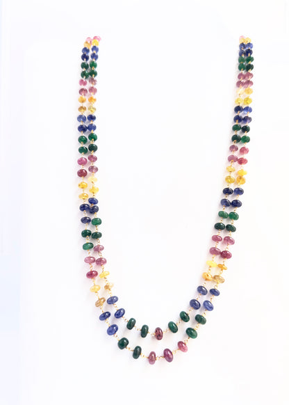 Gemstone beads necklace combining Ruby, Blue Sapphire, Yellow Sapphire, and Emerald, radiant shine, versatile styling.