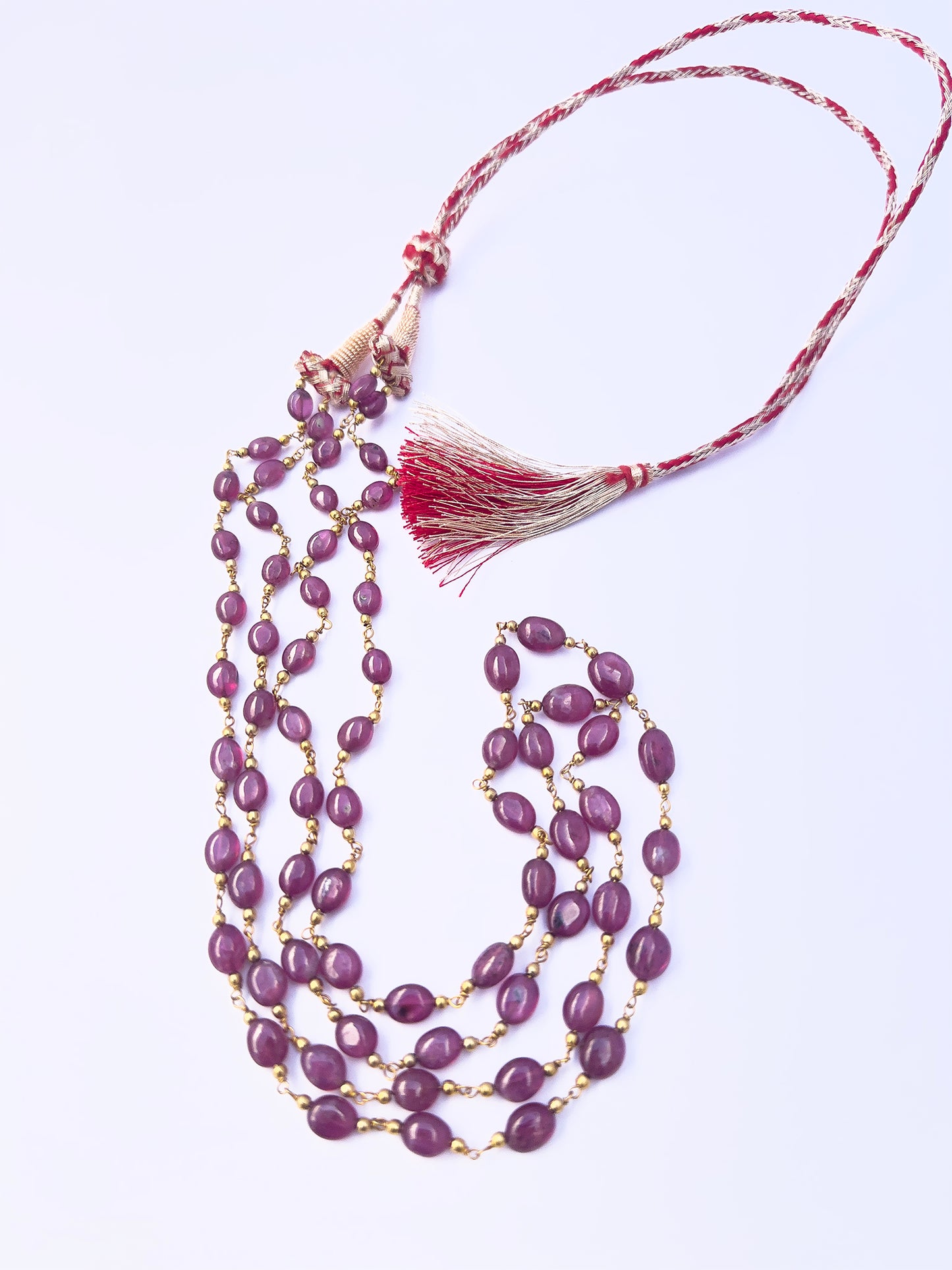 Elegant Ruby gemstone necklace, two strands of smooth oval beads, 198 carats of brilliance.