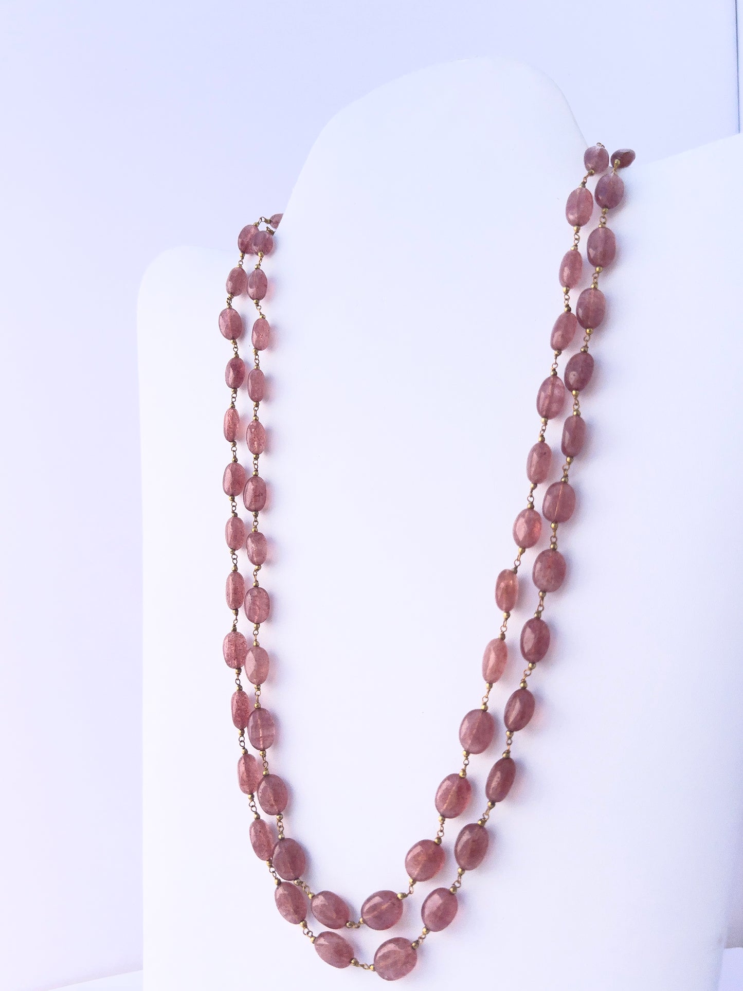 Strawberry Quartz necklace with smooth oval beads, two strands, 7.5–8.5mm size, radiant pink gemstones.