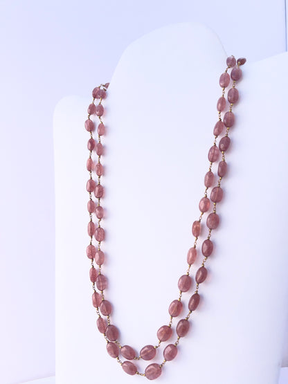 Strawberry Quartz necklace with smooth oval beads, two strands, 7.5–8.5mm size, radiant pink gemstones.