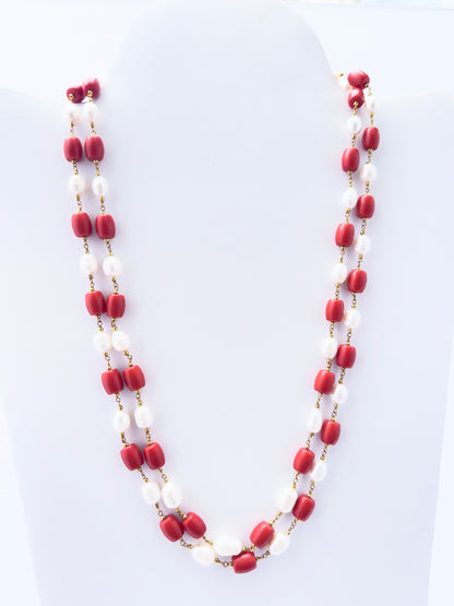 Taiwan Coral and pearl necklace, two strands, 306 carats of brilliance with silk tassel accent.