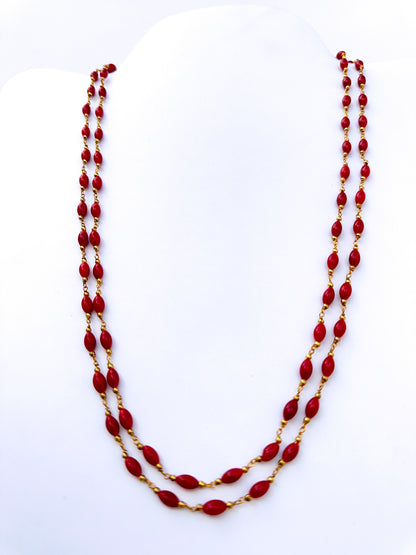 Taiwan coral necklace with two strands of smooth drum natural gemstone beads, 4mm size, 56cm length, 87 carats.