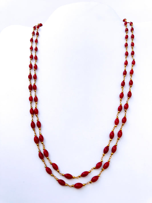 Taiwan coral necklace with two strands of smooth drum natural gemstone beads, 4mm size, 56cm length, 87 carats.