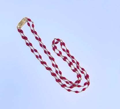 Elegant 2 strand coral necklace crafted from natural gemstone beads, 4mm smooth drum cut, timeless jewellery design.
