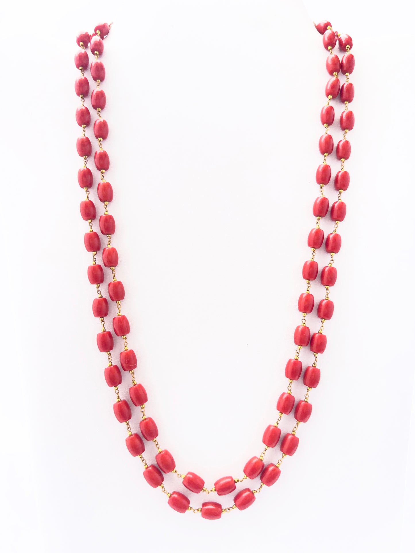 Elegant Taiwan Coral necklace, two strands of smooth drum beads, 283 carats of brilliance.