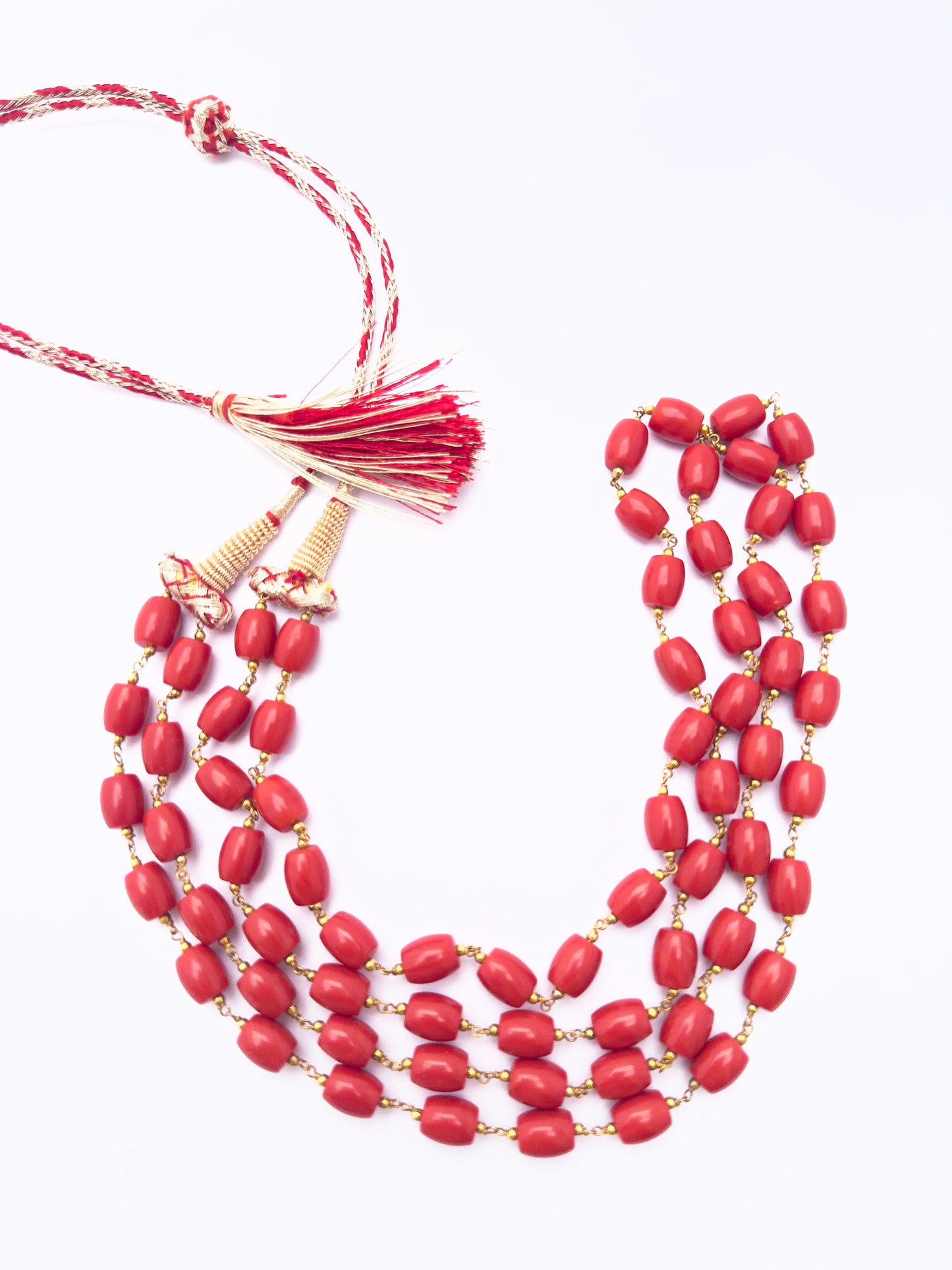 Taiwan Coral stone beads necklace, vibrant red-orange tones, smooth drum design, 50–52cm adjustable length.