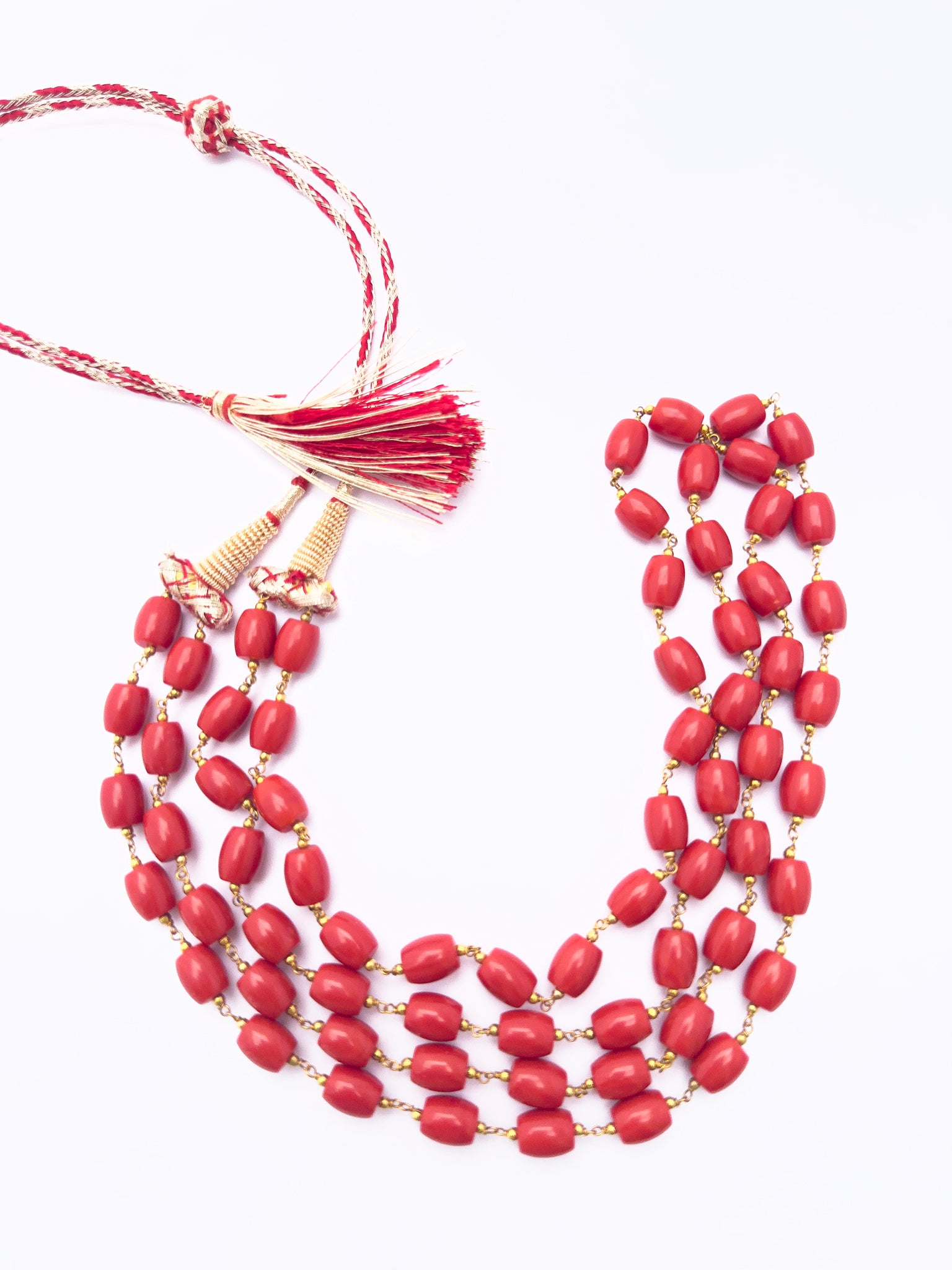 Taiwan Coral stone beads necklace, vibrant red-orange tones, smooth drum design, 50–52cm adjustable length.