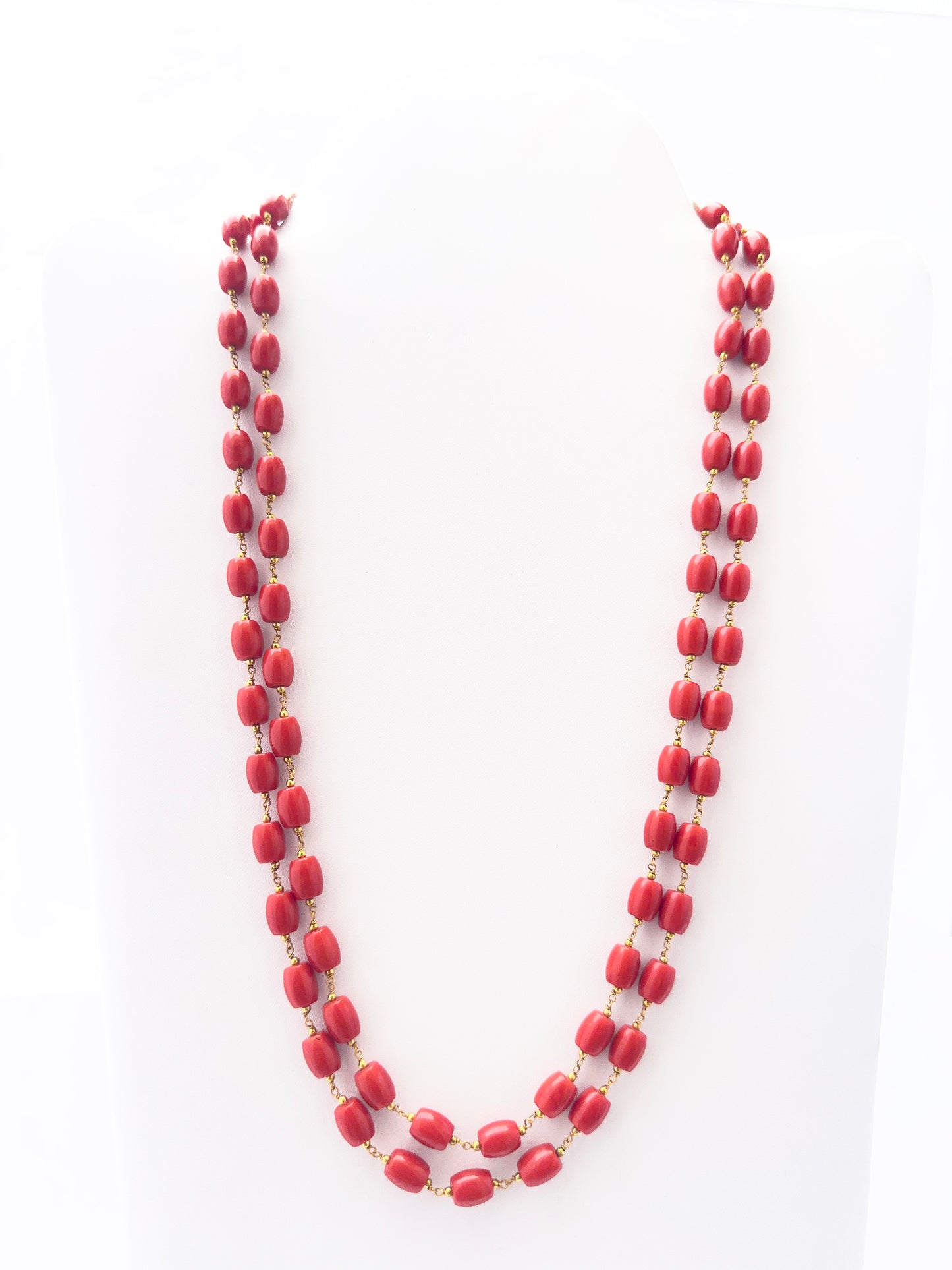 Taiwan Coral necklace with smooth drum beads, two strands, radiant coral colour. 	