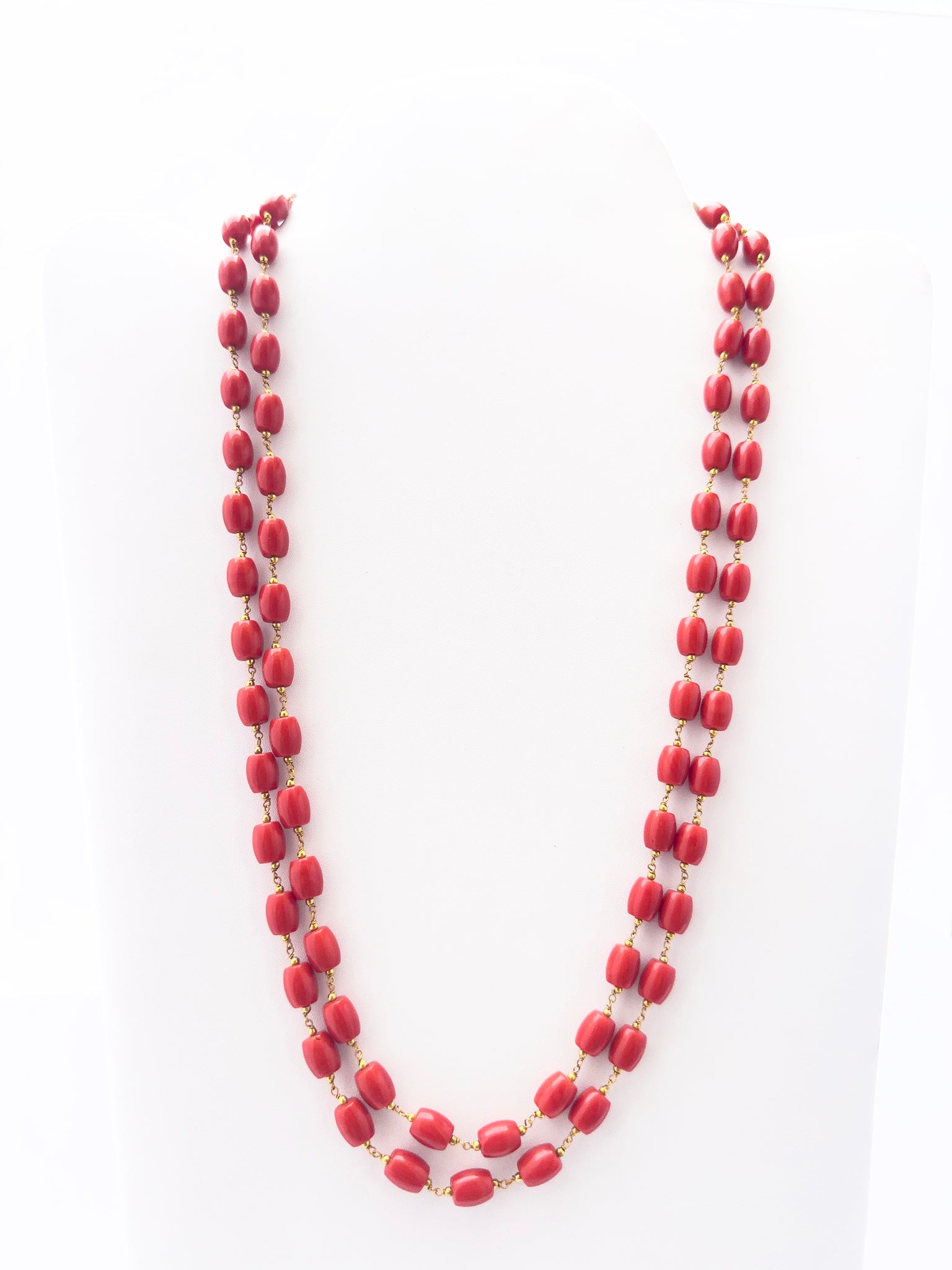 Taiwan Coral necklace with smooth drum beads, two strands, radiant coral colour. 	